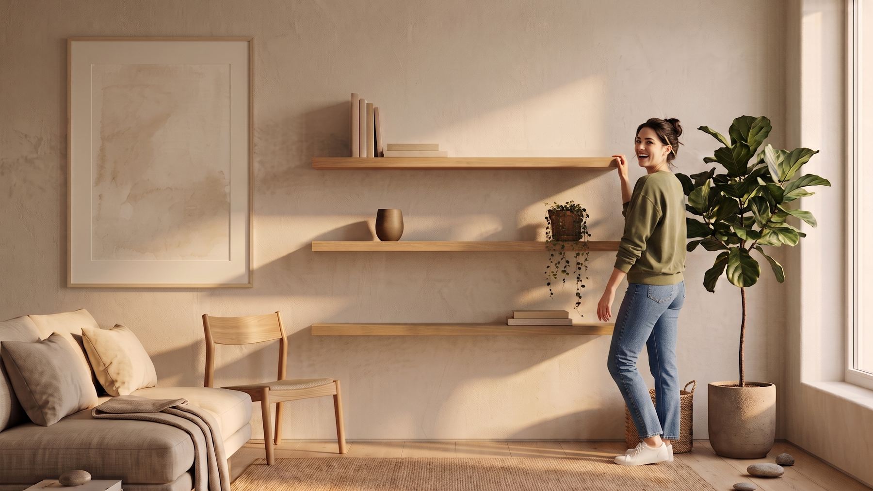 A woman in an olive sweatshirt standing beside three oak floating shelves she has just put up, one hand on the top shelf, laughing