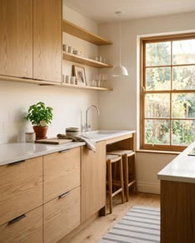 Small kitchen, open shelf