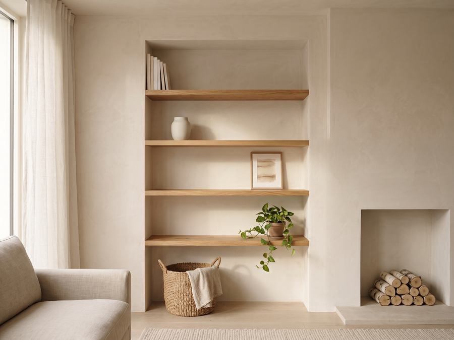 The Alcove, five fitted oak shelves in a plastered alcove beside a fireplace