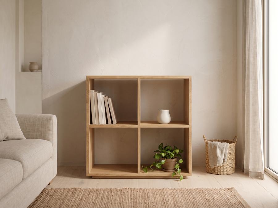 The Box, a two by two open oak cube unit in a living room