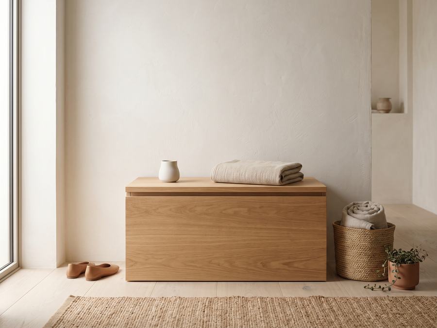 The Crate, an oak storage box with a hinged lid in an entrance hall