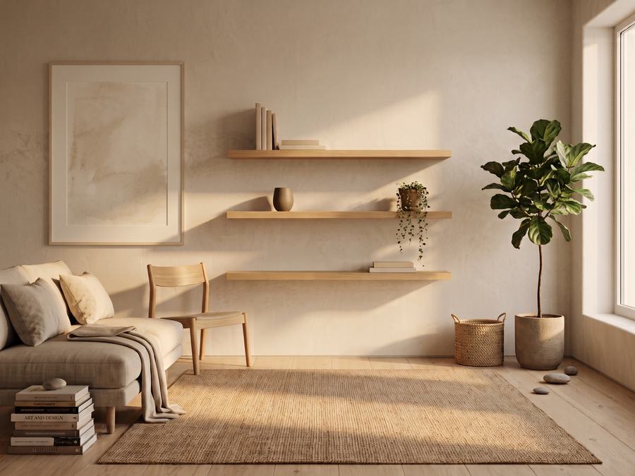 The Ledge, three oak floating shelves on a plaster wall in a living room