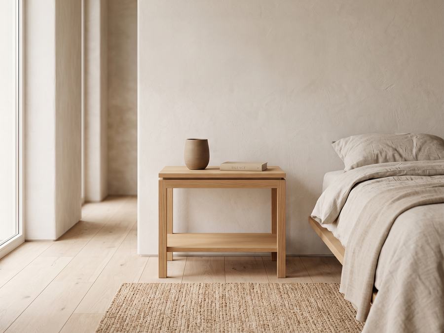 The Perch, an oak bedside table beside a linen bed