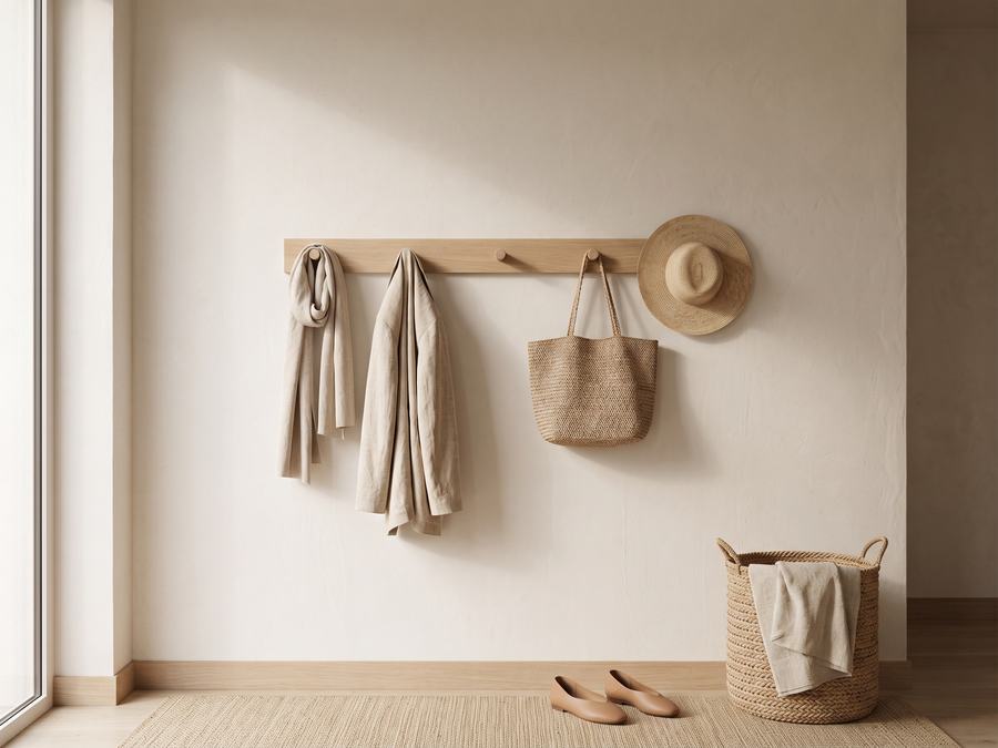 The Rail, an oak peg rail in an entrance hall with a coat, bag and hat