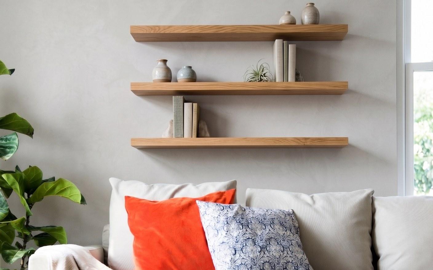 The same wall with three oak floating shelves fitted above the sofa
