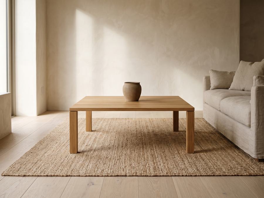 The Slab, a square oak coffee table on a jute rug