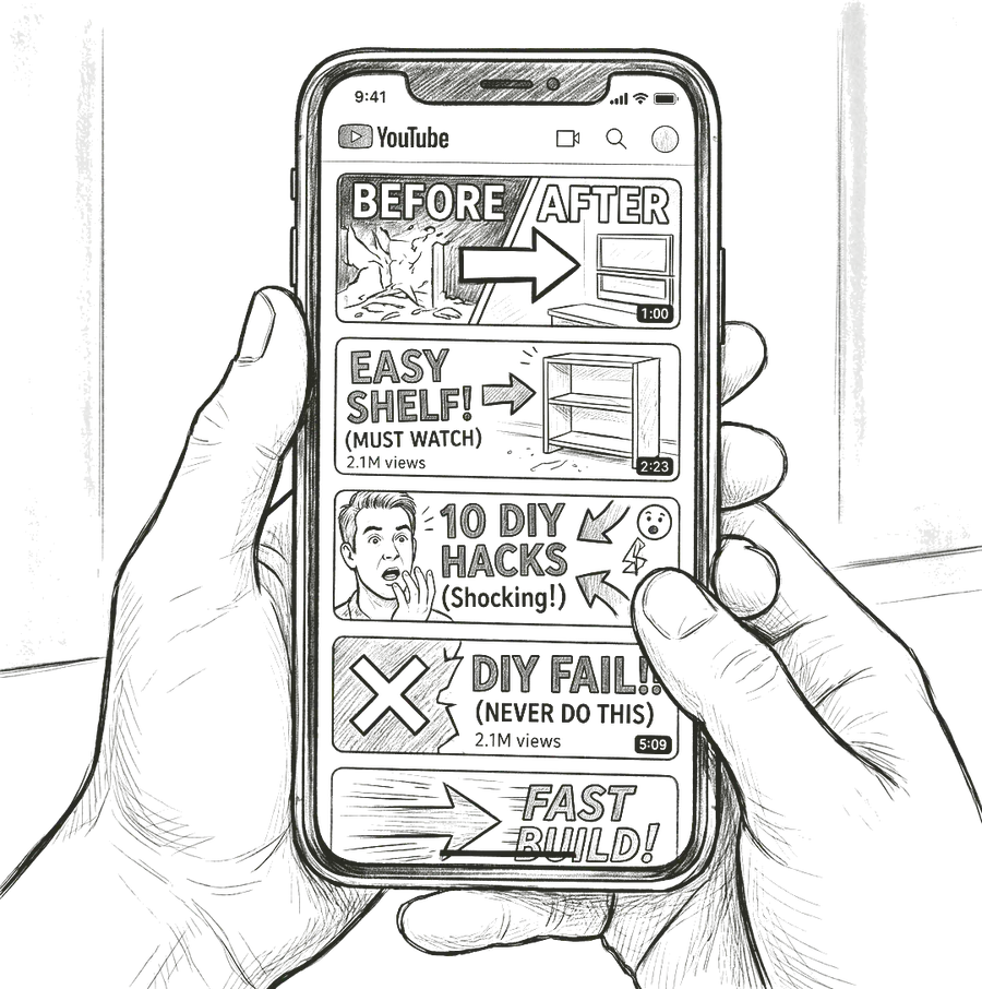 A pencil illustration of two hands holding a phone showing a YouTube feed of DIY clickbait thumbnails: BEFORE AFTER, EASY SHELF, 10 DIY HACKS, DIY FAIL.